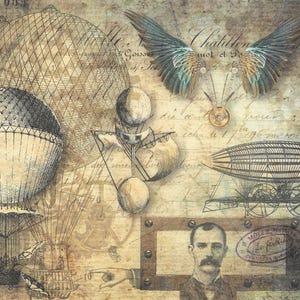 Steampunk, Rice Paper, Decoupage, Paper Crafts, Mixed Media,  Decoupage Queen, Air Balloon, Zeppelin, Script, Man