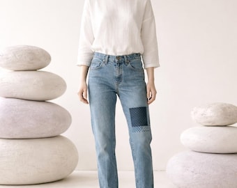 Upcycled Slim Fit Wrangler Jeans Handcrafted Sashiko Mending * Free shipping in Canada*