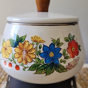 Vintage Enamel Fondue Set Incudes Burner And 6 Forks