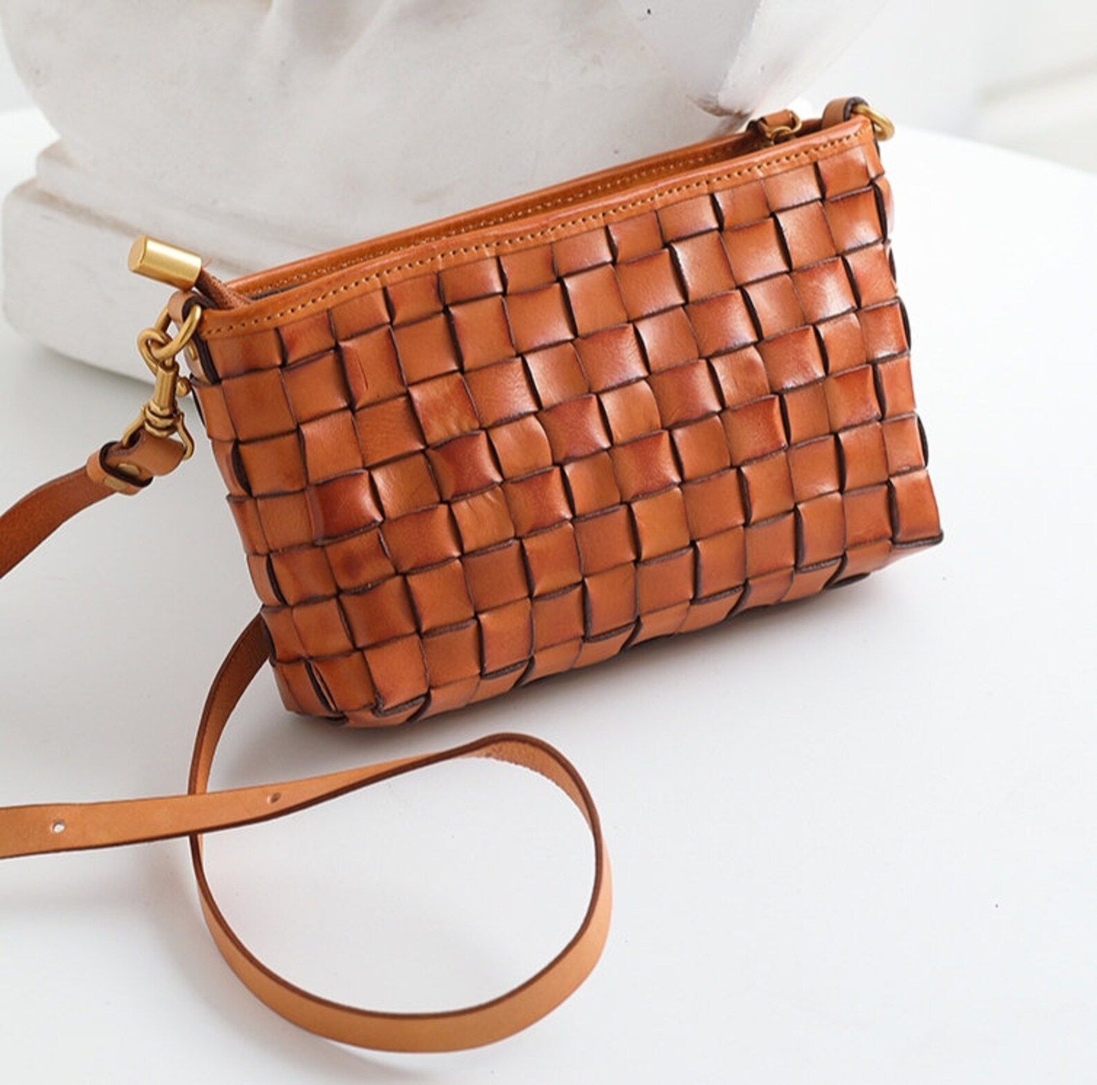 Brown handmade leather shoulder bag purse woven bag Etsy