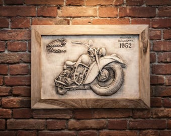 Cadre décoratif mural en bois pour moto Indian Chief Blackhawk 1952 (325 x 250 mm)