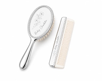 Personalized Birth Flower Silver-Plated Baby Brush & Comb Set • Engraved Newborn Gift • Custom Baby Shower Keepsake