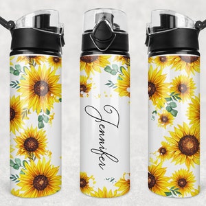 Personalized Flip Top Water Bottle, Sunflower, Aluminum Gym Bottle, School Water Bottle, Custom Sports Bottle, 25oz 750ml with Name