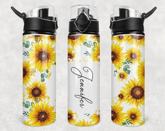 Personalisierte Flip Top Wasserflasche, Sonnenblume, Aluminium Gym Flasche, Schulwasserflasche, Benutzerdefinierte Sportflasche, 25 Unzen 750 ml mit Namen