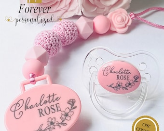 Tétine personnalisée | Tétine personnalisée | Attache-tétine personnalisée | Nouveau cadeau pour petite fille | Cadeau Baby Shower Filles | Tétine personnalisée pour fille