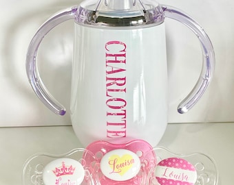 Personalized Pacifiers, Personalized Sippy Cup, Personalized Baby Gift, new baby girl gift, baby shower gift.