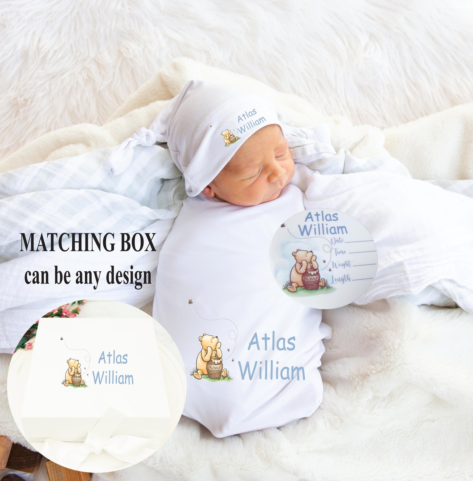 Personalized Baby Blanket | 4 PIECE Baby Gift Set | Personalized Baby Boy Gift | Baby Shower Gift | Baby Gift Set | Winnie the Pooh Gift
