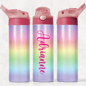 Personalisierte Flip Top Wasserflasche | Benutzerdefinierte Schule Wasserflasche | Benutzerdefinierte Sportflasche | Zurück in die Schule | Mädchen Schulflasche | Regenbogen