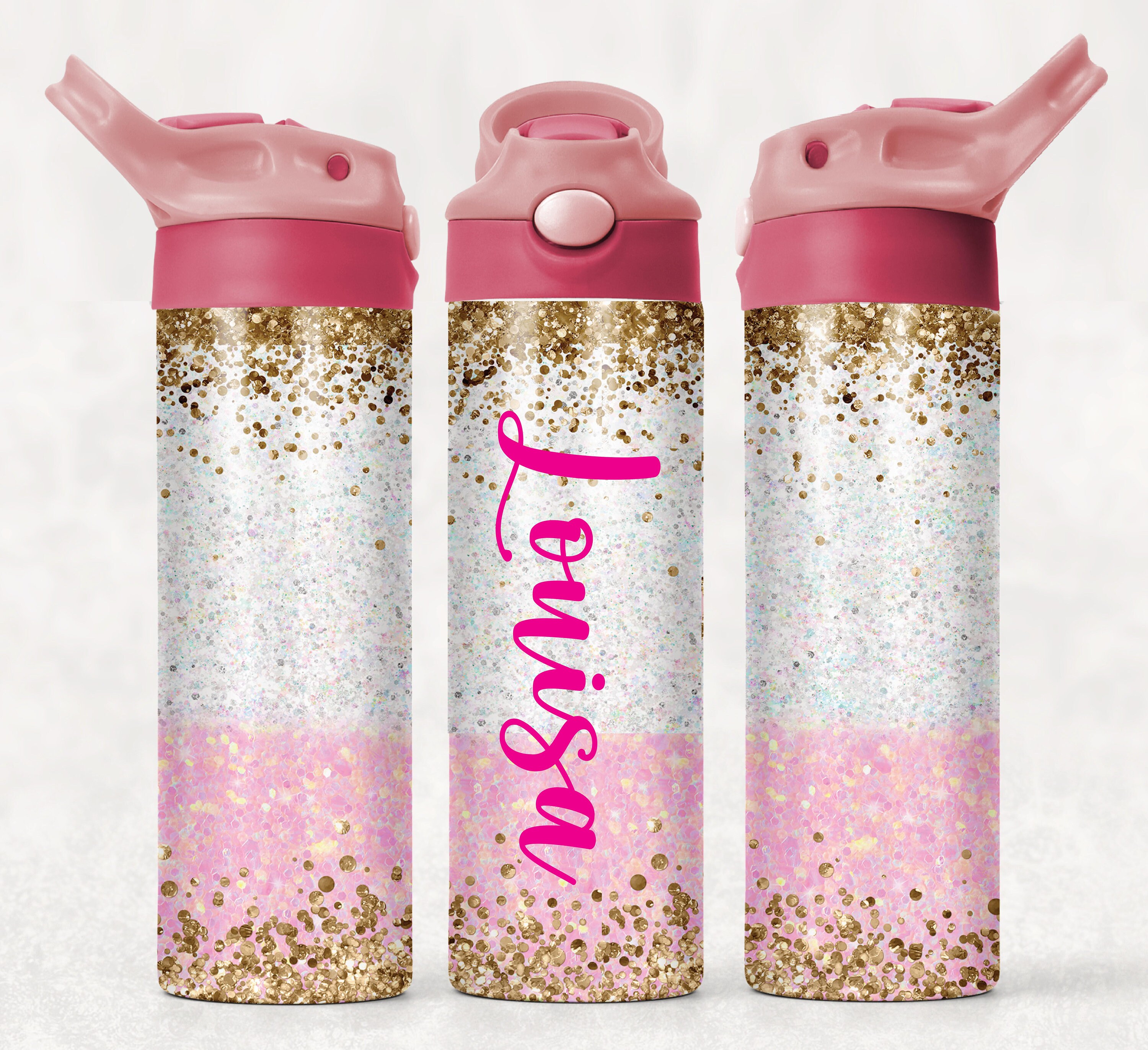 Glitzer-Wasserflasche Mit Strasssteinen – 480 Ml, Pink, Mit Edelstahlkette & Bürste, Doppelwandig Isoliert