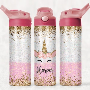 Personalized Flip Top Water Bottle, Custom School Water Bottle,  Back to School Bottle With Name, Girls School Bottle, Unicorn Girls Cup