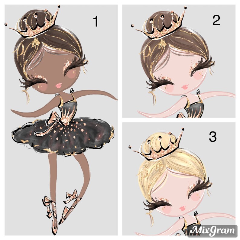 Op de afbeelding: Drie illustraties van een ballerina met een kroon. De eerste ballerina heeft een bruine huid, bruin haar en een zwarte tutu met gouden accenten. De tweede ballerina heeft een blanke huid, bruin haar en een zwarte tutu met gouden accenten. De derde ballerina heeft een blanke huid, blond haar en een zwarte tutu met gouden accenten.
