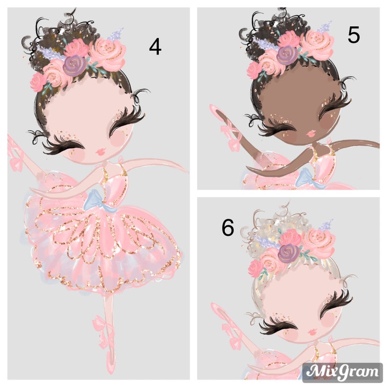 Op de afbeelding: Drie illustraties van cartoonballerina's. Elke ballerina draagt een roze tutu met gouden accenten, een blauwe strik en een bloemenhoofddeksel. De ballerina's hebben verschillende huidtinten en kapsels. De achtergrond is lichtgrijs.