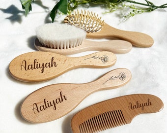 Filles cadeaux de bébé personnalisées| Fleur de naissance | Brosse à cheveux de bébé en bois personnalisée | Brosse pour bébé personnalisée | Cadeau de baby shower pour filles | Souvenir de bébé