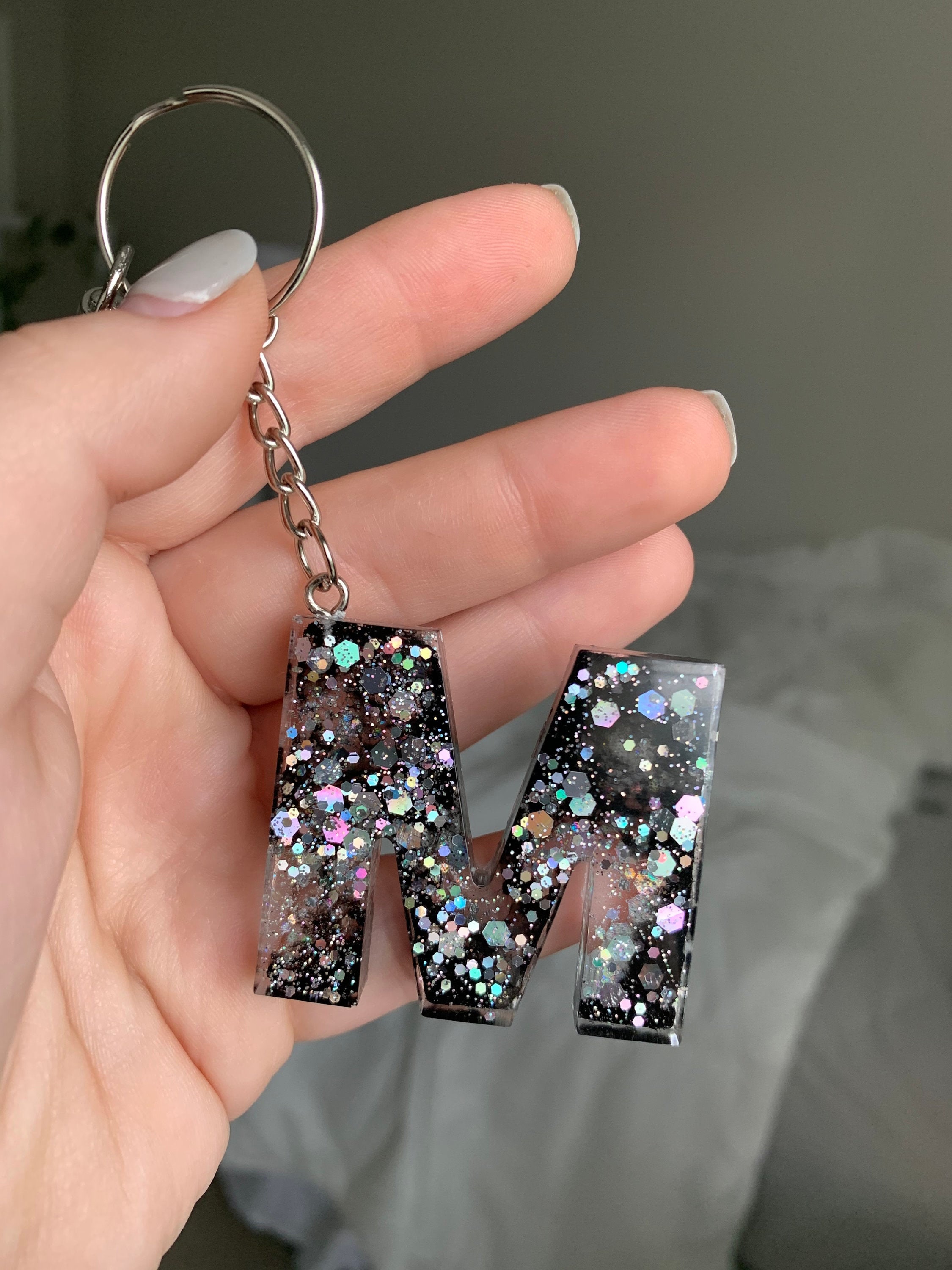 Initial Keychain Glitter Keychain Resin Keychain Custom Etsy