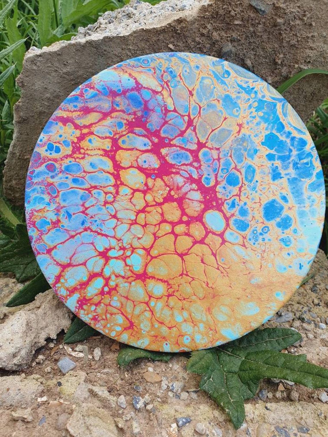 Abstract acrylic pour painting on round canvas Etsy