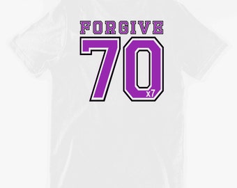 May include: White t-shirt with a purple graphic that says "FORGIVE 70 x7".