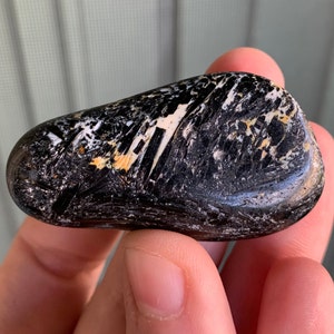 May include: A smooth, black stone with white and gold streaks. The stone is oval-shaped and has a glossy finish.