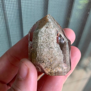 1.75&quot; Polished quartz crystal point with unique, uniform &quot;stalagmite&quot; of green + white lodolite inside