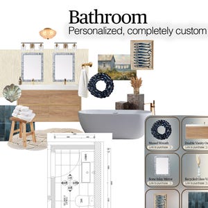 May include: A bathroom design inspiration board with a white bathtub, a double vanity with two mirrors, a wooden side table, a seashell, a wreath, a vase, a framed print of a beach house, and a framed print of fish. The board also includes a floor plan and a color palette.