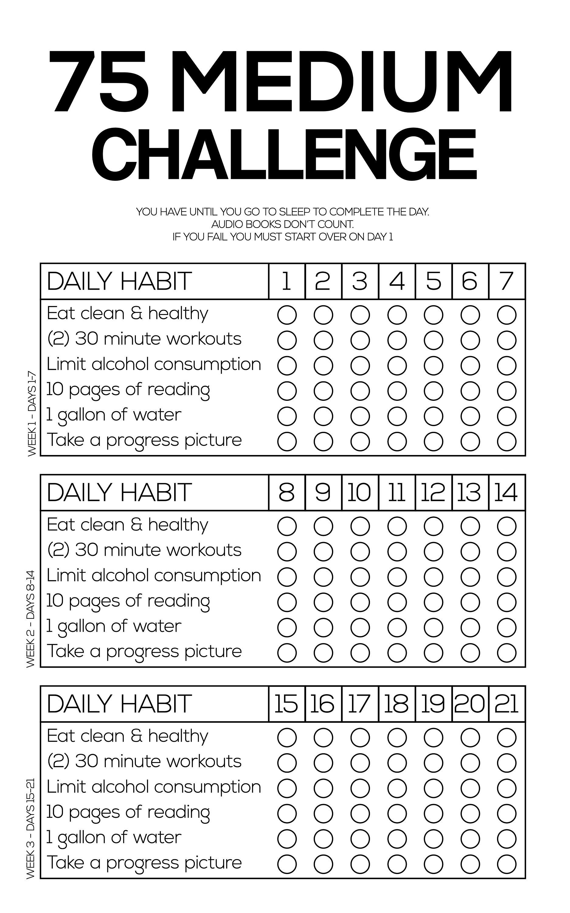 75 Day Medium Printable Challenge Tracker Bundle 75 Medium Etsy