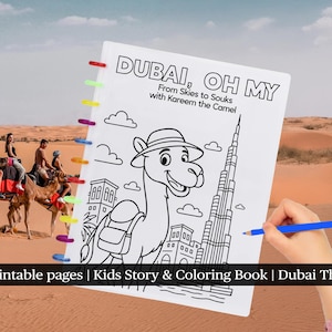 May include: A black and white coloring book featuring a cartoon camel wearing a hat and carrying a backpack. The book includes the text "DUBAI, OH MY" and "From Skies to Souks with Kareem the Camel". The book also features a black and white illustration of the Burj Khalifa.