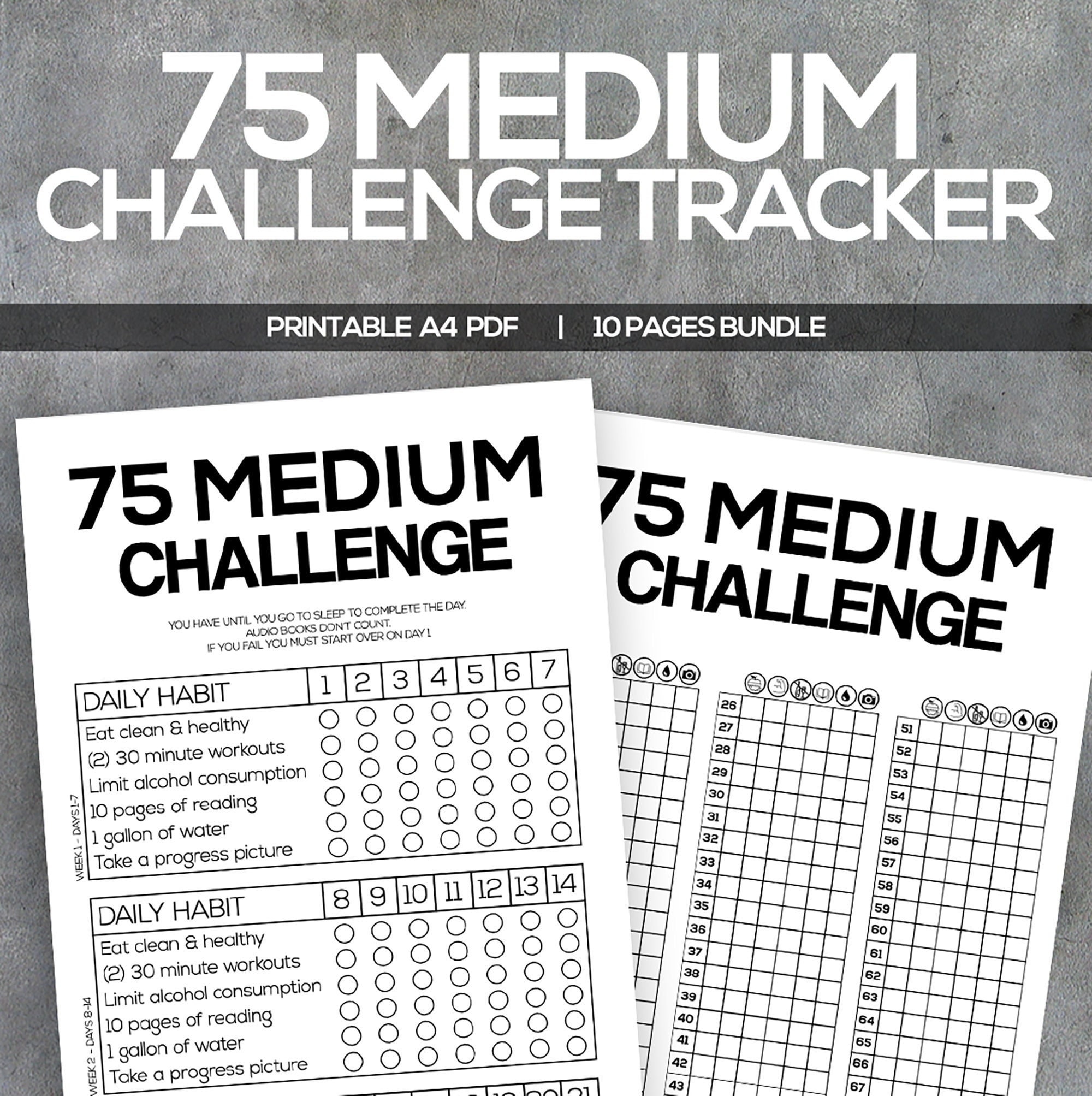 75 Day Medium Printable Challenge Tracker Bundle 75 Medium Success