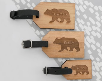 Bear Family Luggage Tag Set, Wooden Personalized Travel Tags, Travel Gift, Bear Gift, Family Gift, Personalised Bear Family Luggage Tag Set