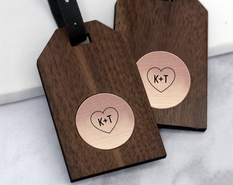 Rose Gold Luggage Tags Set, Wooden Personalized Pair of Travel Tags, Heart and Initials, Set Of Two Rose Gold Heart Initial Luggage Tags