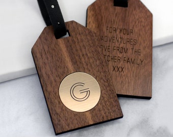 Geometric Initial Luggage Tag, Walnut Wood Gold Travel Tag, Travel Gift For Him, Personalised Walnut Gold Geometric Initial Luggage Tag