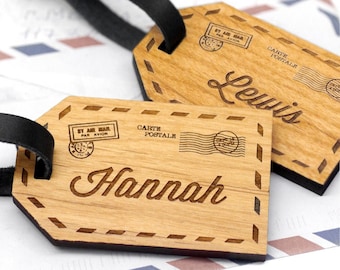 Custom Name Luggage Tags, Wooden Personalized Luggage Tag, Airmail Postcard Travel Gift, Set Of Two Personalised Wooden Couples Luggage Tags