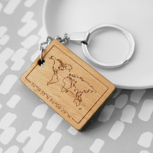 Location Keyring, Wooden Coordinate Keyring, Long Distance Relationship Gift, Map Keychain, Personalised Map And Coordinates Keyring