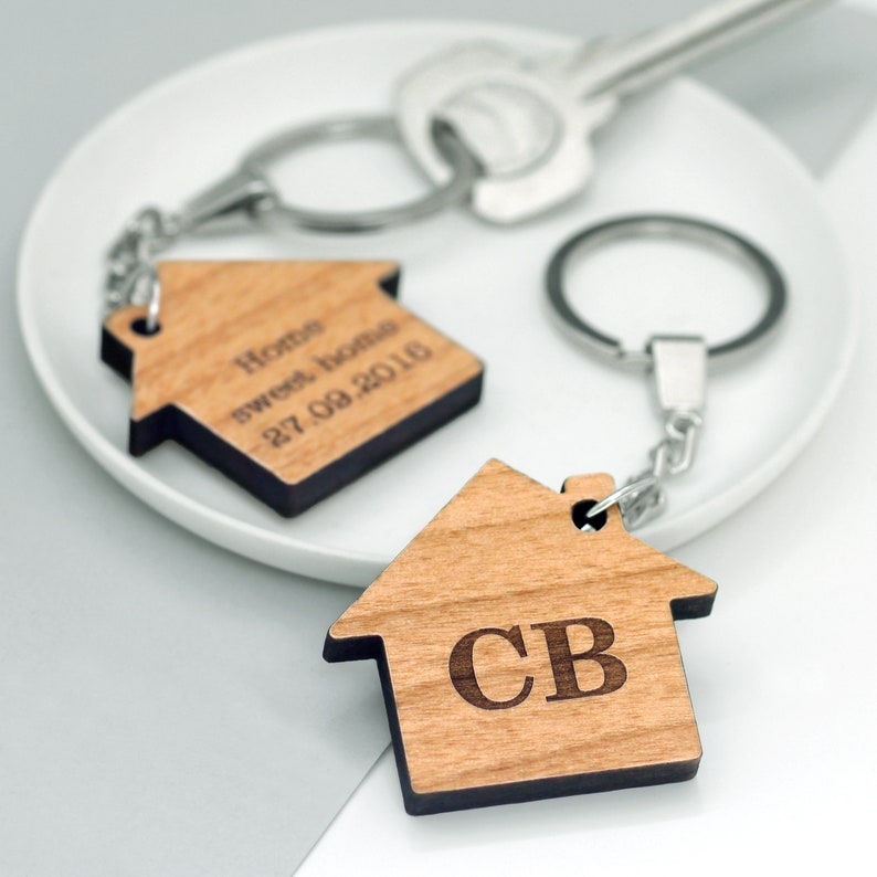 Pair of New Home Key Rings, Couples Housewarming Gift, Personalized First Home Gift, Set Of Two Personalised House Initial Key Rings image 2