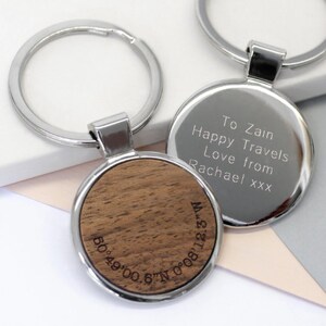 Coordinate Wooden Keyring, Custom Location Gift, 5th Anniversary, Personalized Gift For Him, Personalised Walnut Wood Coordinate Keyring