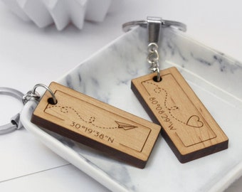 Pair of Location Keyrings, Wooden Coordinate Keyrings, Long Distance Relationship Gift, Couples Gift Set Of Two Heart And Airplane Keyrings