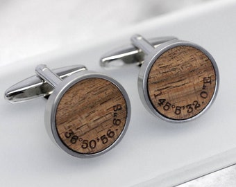 Coordinate Cufflinks Wooden, 5th Anniversary Gift, Custom Location Cufflinks, Fifth Anniversary Gift, Walnut Coordinate Cufflinks