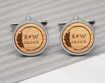 Leaf and Initials Cufflinks, Personalized Wooden Cufflinks, Wedding Cufflinks, Gift For Groom, Personalised Leaf And Initials Cufflinks