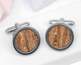 Woodgrain Cufflinks, Silver Engraved Wooden Cufflinks, Personalized Message Cufflinks, Gift For Him, Wood Grain Cufflinks