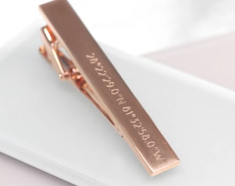 Coordinates Tie Clip Rose Gold, Personalized Tie Bar Gunmetal, Gift For Him, Custom Location Tie Bar, Personalised Coordinate Bar Tie Clip