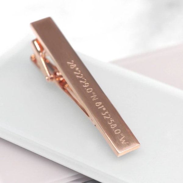 Coordinates Tie Clip Rose Gold, Personalized Tie Bar Gunmetal, Gift For Him, Custom Location Tie Bar, Personalised Coordinate Bar Tie Clip