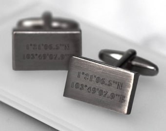 Engraved Coordinate Cufflinks, Personalized Rose Gold Cufflinks, Custom Gunmetal Cufflinks, Personalised Rectangular Coordinate Cufflinks