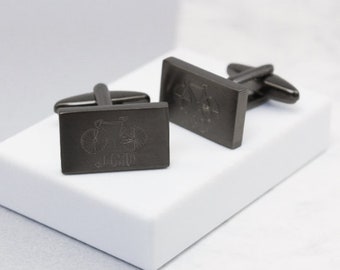 Bicycle Cufflinks, Engraved Personalized Cufflinks, Gift for Him, Father's Day, Personalised Bicycle And Initial Rectangle Cufflinks