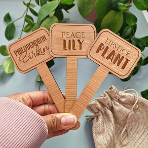 May include: Three wooden plant markers with engraved text. The markers read "Peace Lily", "Lipstick Plant", and "Philodendron Birkin".