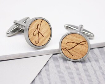 Calligraphy Initial Wooden Cufflinks, Monogram Personalized Cufflinks, Custom Initial Cufflinks, Personalised Calligraphy Initial Cufflinks