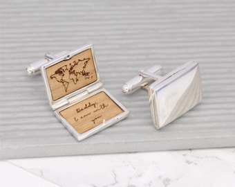 Sterling Silver Cufflinks, World Map, Travel Gift, Personalised Cufflinks, Personalised Sterling Silver World Map Locket Cufflinks