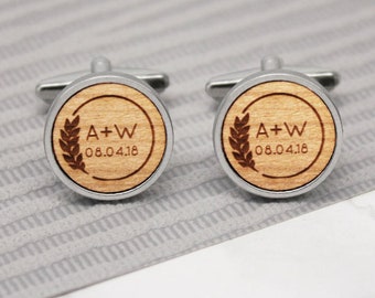 Leaf and Initials Cufflinks, Personalized Wooden Cufflinks, Wedding Cufflinks, Gift For Groom, Personalised Leaf And Initials Cufflinks