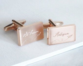 Paper Airplane Cufflinks, Destination Cufflinks, Personalized Rose Gold Cufflinks, Location Gift, Engraved Paper Plane Destination Cufflinks