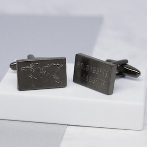 Map Location Cufflinks, World Map Cufflinks, Rose Gold Cufflinks, Coordinates Cufflinks, Engraved World Map and Coordinates Cufflinks