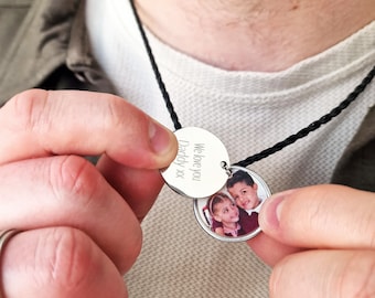 Men&#39;s Personalised Secret Photo Family Necklace, Men&#39;s Wooden Locket Necklace, Mens Cord Initial Necklace, photo gift for dad, father&#39;s day