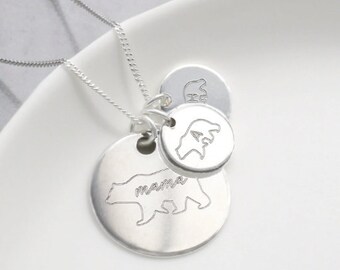 Mama Bear Necklace, Mama Baby Bear Gift, Personalized Mama Bear Jewelry, Baby Bear Initial Necklace, Personalised Mama Bear Disc Necklace