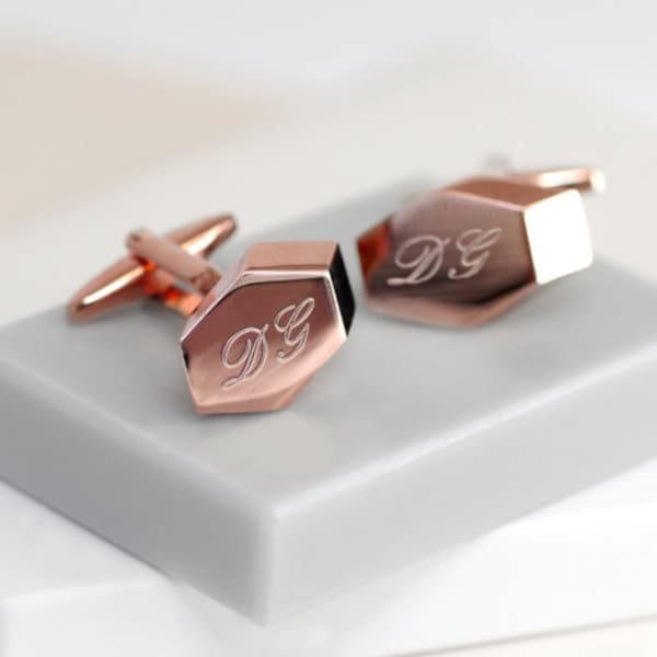 Rose Gold Hexagon Cufflinks, Custom Initial Cufflinks, Gift For Him, Engraved Cufflinks, Gift Mens, Rose Gold Geometric Cufflinks